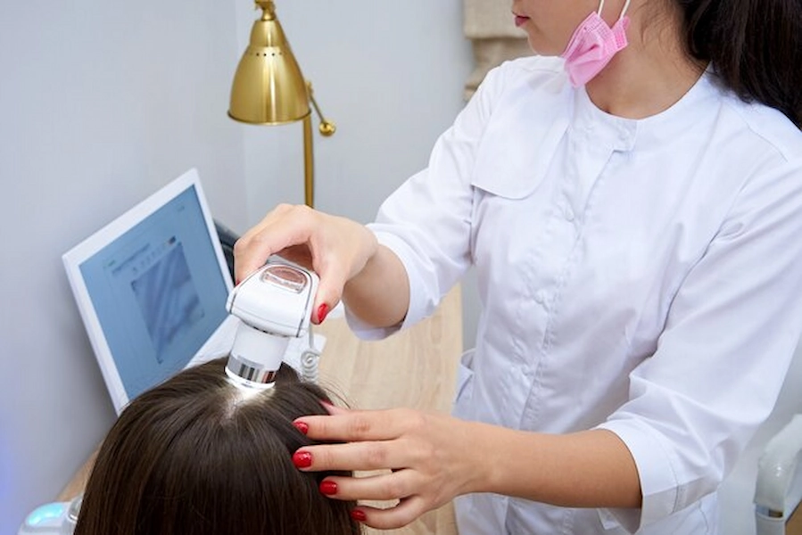 Patient receiving laser therapy for hair loss treatment.