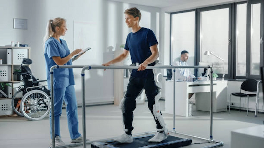 Patient engaging in gait training exercises.